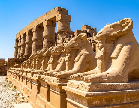 Ancient sandstone structure featuring seated ram-headed statues lining a pathway, leading to tall columns under a blue sky