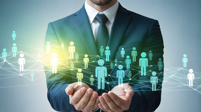 Businessman presenting a network of people icons in his hands symbolizing teamwork and social connections in a professional setting with a glowing background