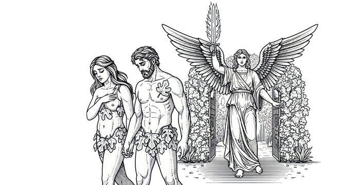 Adam and Eve expelled from Eden by an angel with a flaming sword