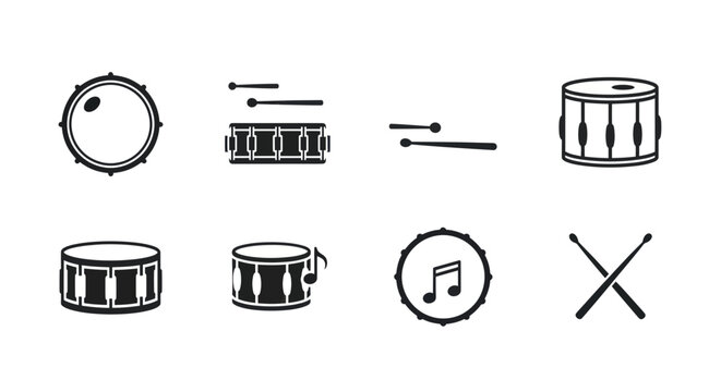 Drum Set Icons and Symbols: Snare Drum, Drumsticks, Musical Note