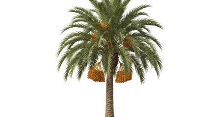 Obraz premium Tropical date palm tree with ripe fruit clusters, exotic phoenix dactylifera on white background, isolated palm tree for landscape design