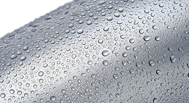 Close-up Macro Shot of Water Droplets Clinging to a Textured Metallic Surface, Creating a Refreshing and Pure Visual
