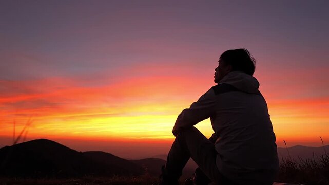 Man finding peace and clarity through mindfulness and introspection during a breathtaking sunset in a serene natural landscape. Ideal for concepts of freedom, meditation, and mental wellness.