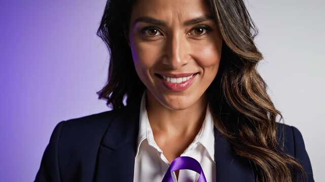 Woman holding purple awareness ribbon looking at camera