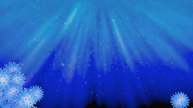 Microscopic 3D animation of blue virus cells or pathogens flowing through a fluid environment with light rays.