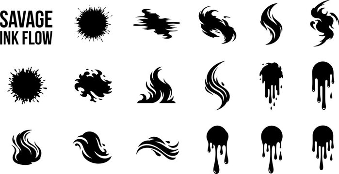 Savage ink flow collection with dripping fluid elements and artistic strokes in eps file.