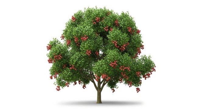 Lush lychee tree with ripe red fruit, tropical fruit tree isolated on white background, exotic evergreen tree for agricultural and botanical design