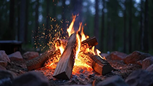 Warm glowing campfire in a stone fire pit, burning brightly with natural wood logs in a dark forest at night. Perfect for camping, outdoor adventure, relaxation, and cozy wilderness experiences.