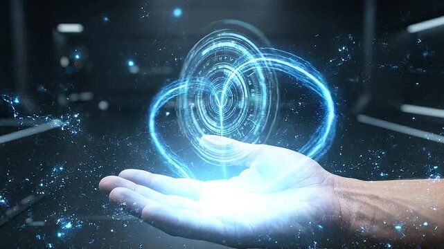Animated glowing blue orb emerging from hands in dark futuristic background with neon lights