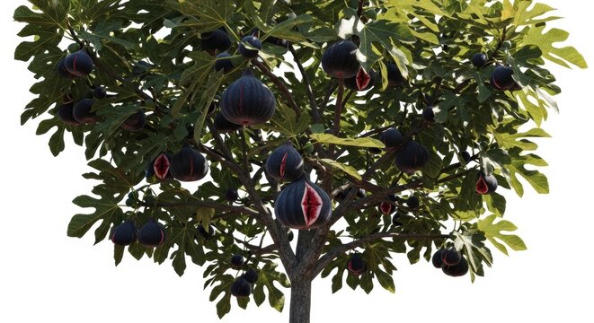 Ripe purple figs on a lush green fig tree, organic fruit growing on branches with vibrant leaves, fresh mediterranean harvest isolated on white