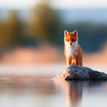 Beautiful Wild Red Fox Standing on Rock in Middle of Calm Lake Water Landscape