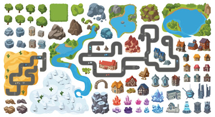Obraz premium Cartoon map creator kit, isometric game environment elements with roads and buildings, nature landscape assets for world building vector set