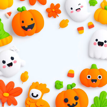 Cute Halloween Theme Flat Lay Composition with Mini Pumpkins Ghosts and Candy Holiday Ornaments