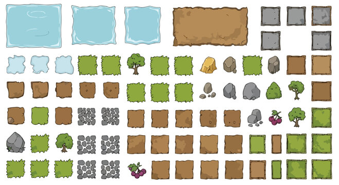 Hand-drawn game map tileset, cartoon landscape environment assets with grass, water, dirt and stone blocks, 2D top-down level design vector kit