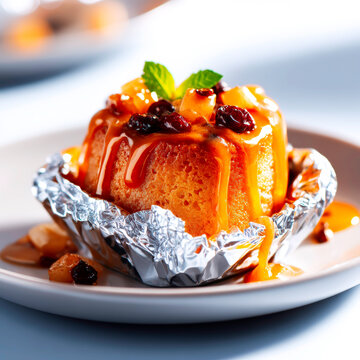 Delicious Sweet Gourmet Cake Drizzled with Toffee Caramel Sauce and Chopped Nuts on White Plate