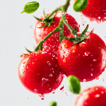 Fresh Ripe Red Tomatoes on Green Vine with Clear Water Splashes and Drops Concept