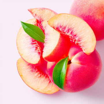 Fresh Ripe Orange Peach Fruit Slices Arranged on Soft Pink Aesthetic Background Top View