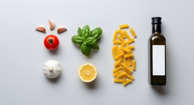 Fresh ingredients, Italian cooking, food flat lay, basil, olive oil