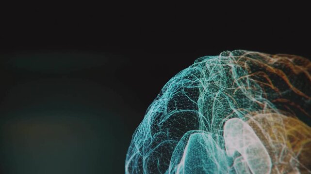 Abstract swirling digital particles forming a brain shape against a dark background