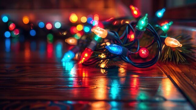 Vintage c7 christmas lights glowing on dark wood surface with cinematic bokeh for holiday marketing