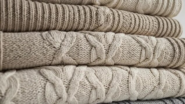 Stack of Cozy Knitted Blankets - A Warm and Comfortable Collection.