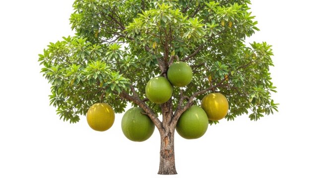 Tropical calabash tree with large green fruits, exotic crescentia cujete plant isolated on white background, botanical specimen for gardening and nature design