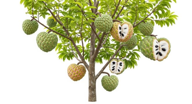 Custard apple tree with ripe sugar apple fruits, tropical cherimoya tree on white background, exotic sweetsop fruit harvest with green leaves