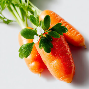 Macro Photography of Fresh Raw Orange Carrots with Green Leaves Isolated on White Background