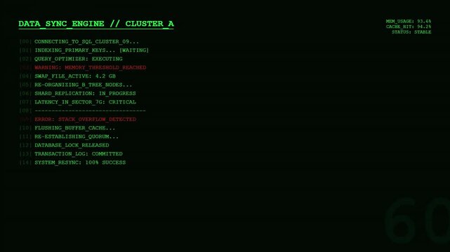 Futuristic Data Sync Engine HUD with Green Digital Command Line Interface and Database Cluster Management System Failure Monitoring Screen.