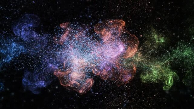 Abstract colorful particle streams colliding and exploding in space background