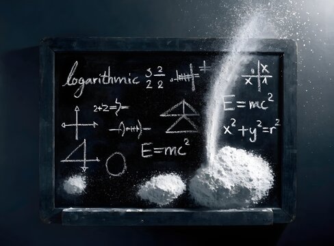 Chalkboard with mathematical equations and white powder spilling during education concept Isolated on white background