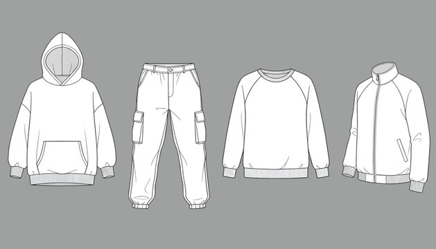 Streetwear Fashion Flat Sketch Vector Set with Oversized Hoodie, Cargo Pants, Sweatshirt, and Bomber Jacket Mockup