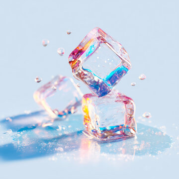 Macro Shot of Clear Crystal Ice Cubes with Cold Water Droplets and Blue Light Reflection