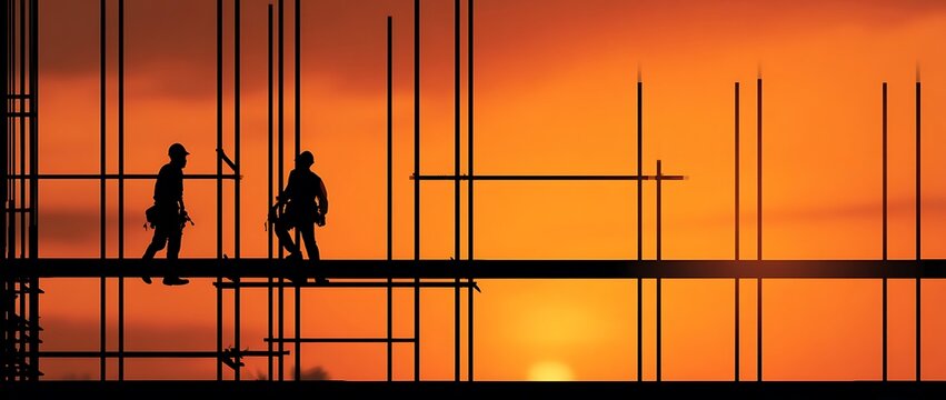 Silhouetted construction workers on scaffolding against a vibrant orange sunset sky, symbolizing hard work and development