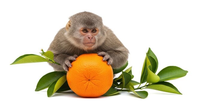 Rhesus macaque monkey holding fresh orange fruit, primate with citrus and green leaves on white background, exotic animal eating healthy food