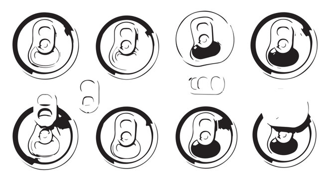 Top view of various opened and unopened beverage cans with pull tabs illustrating different stages of opening and consumption pull tab line art