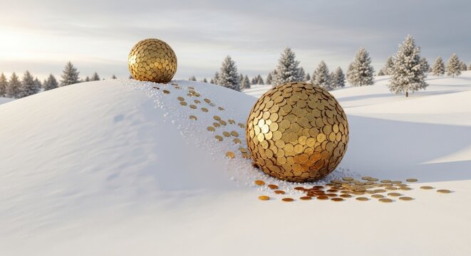 Gold coins rolling down snowy hill, symbolizing wealth and fortune