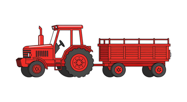 Red Tractor with Trailer - Agricultural Vehicle Illustration