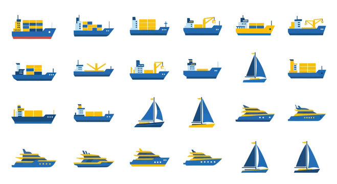 Set of various cargo ships, sailboats, and yachts, flat design, isolated on white