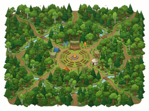 A charming vector illustration of a sprawling forest campsite with winding paths and a central gathering area, perfect for outdoor adventures and nature exploration