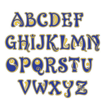 Decorative Alphabet Letters A-Z, Vintage Style, Blue and Gold Ornate Font