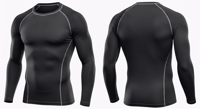 Front and back view of a black long-sleeved compression shirt, designed for athletic performance and comfort.