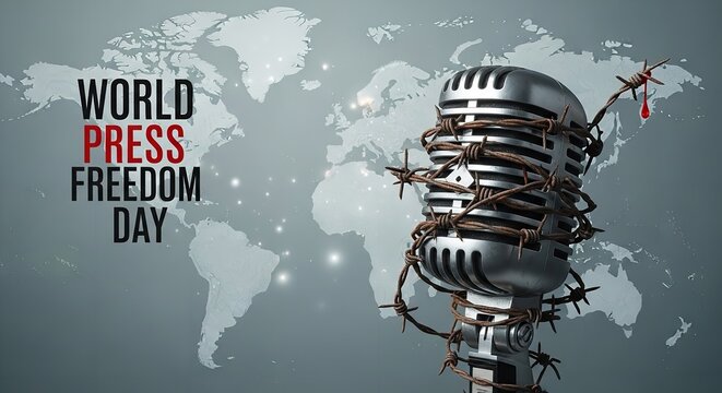 World Press Freedom Day, censored microphone with barbed wire on gray world map background