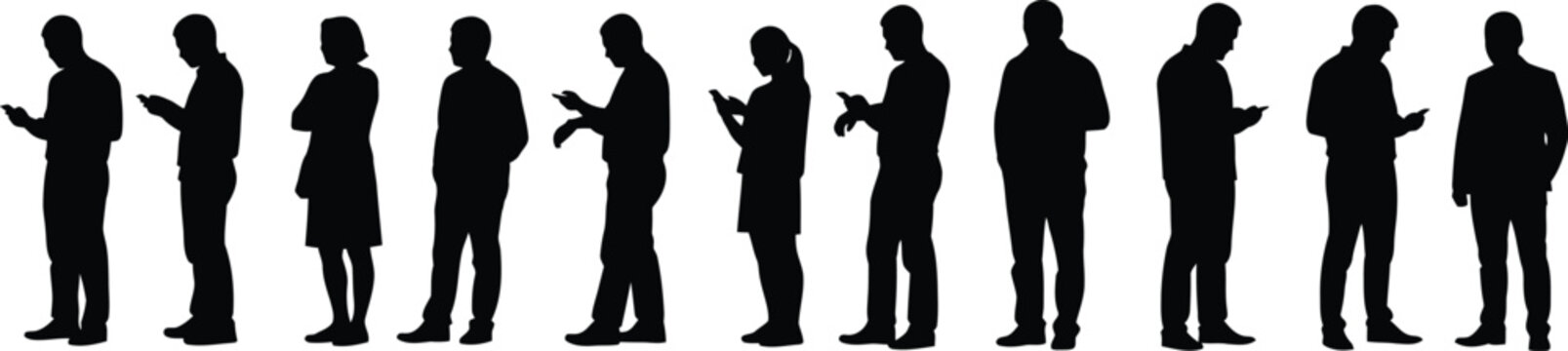 Professional diverse people silhouettes using mobile phones and standing line for modern technology communication