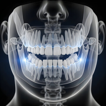 Teeth, dental x-ray, transparent skull, glowing blue, orthodontic, jaw bones