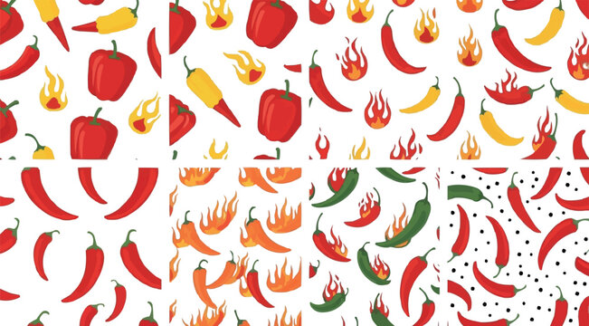Spicy chili pepper seamless pattern collection with hot vegetables flames colorful abstract vector textile background designs