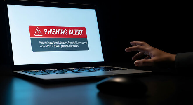 Close up of laptop screen displaying phishing alert on dark background with hand reaching for keyboard