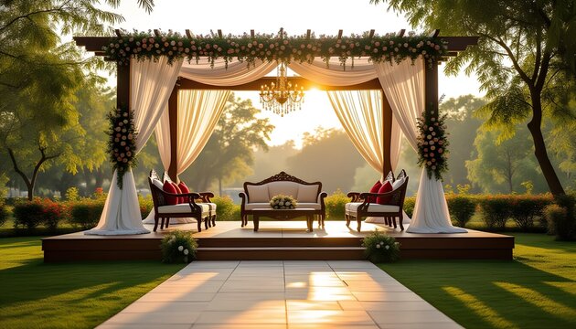 Outdoor open air indian wedding stage decoration with natural light