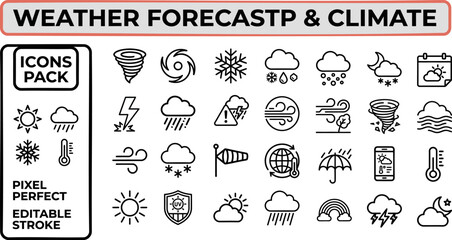 Obraz premium Weather Forecast and Climate outline icon set. Featuring sun, cloud, rain, snow, and thunderstorm symbols. Editable stroke vector icons for meteorology app and weather presentation design.