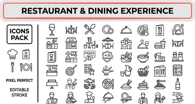 Restaurant and Dining Experience outline icon set. Featuring menu, waiter, plate, cutlery, and table service symbols. Editable stroke vector icons for fine dining and culinary hospitality.